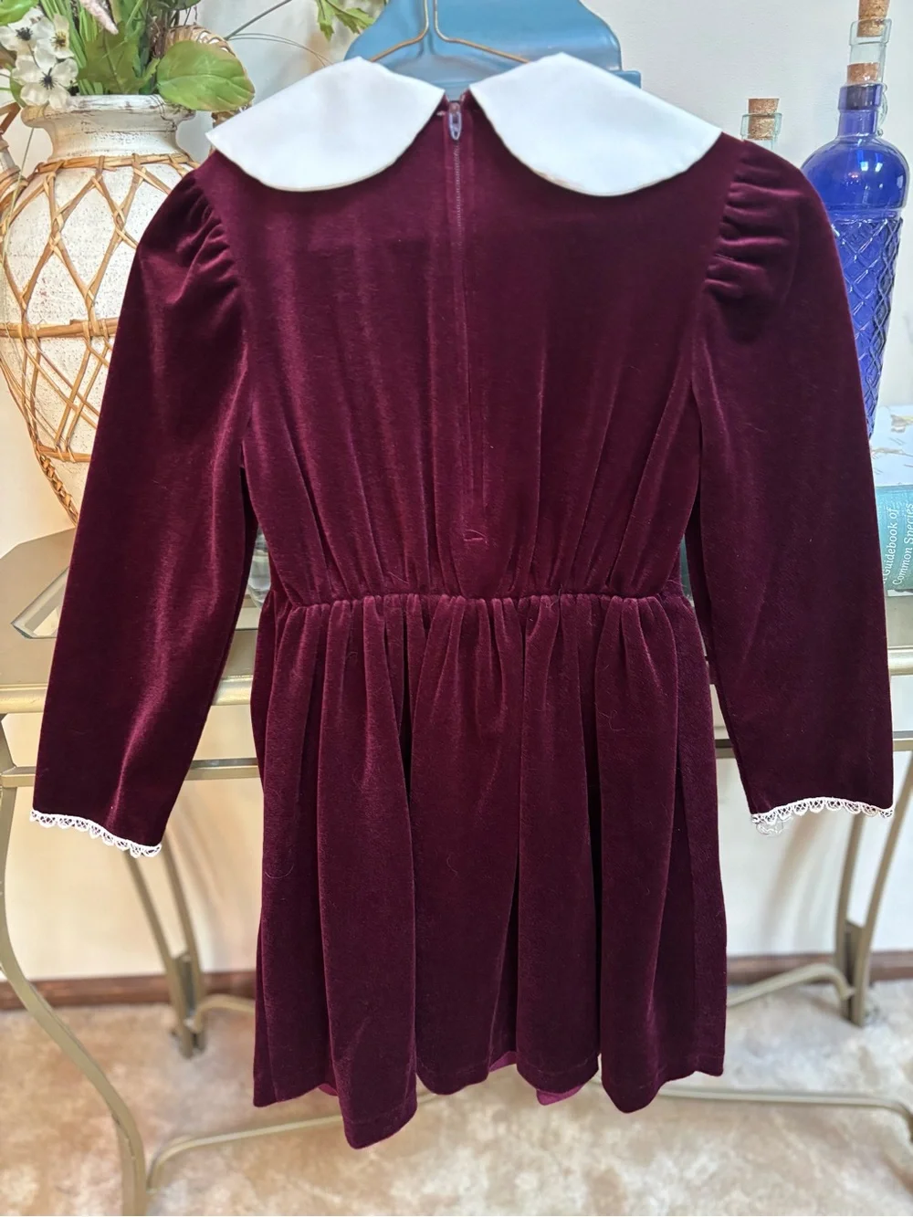 Girls Velvet Lace-Collar Dress Deep Burgundy Vintage Holiday Formal Wedding Sz 8
